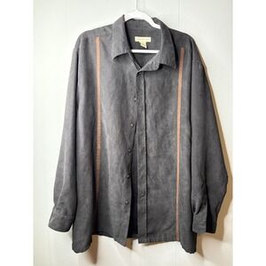 Preswick & Moore Mens XL Faux Suede Button Down Shirt Charcoal Gray Tan Stripe